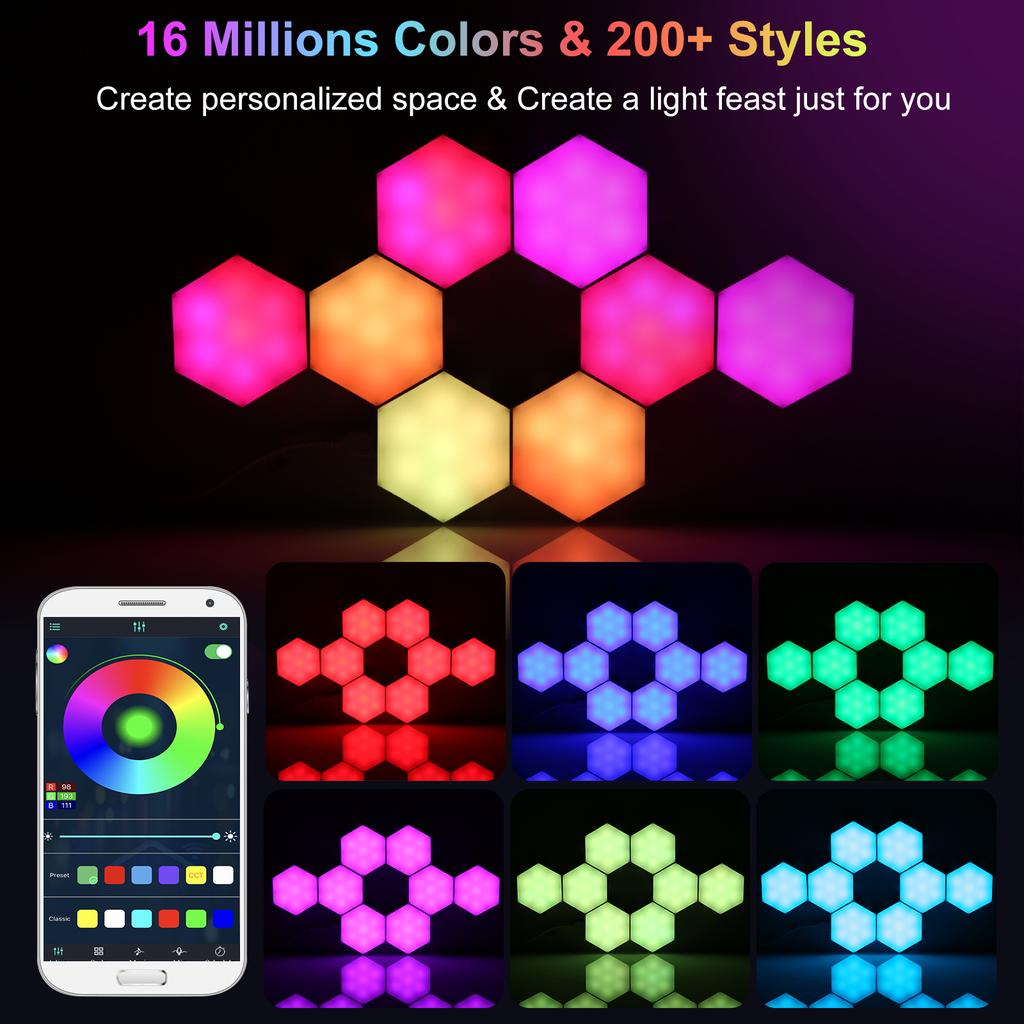 10PCS BT Connected RGB Hexagon Light Ambient Lamp Wall Decorative Lighting with Controller