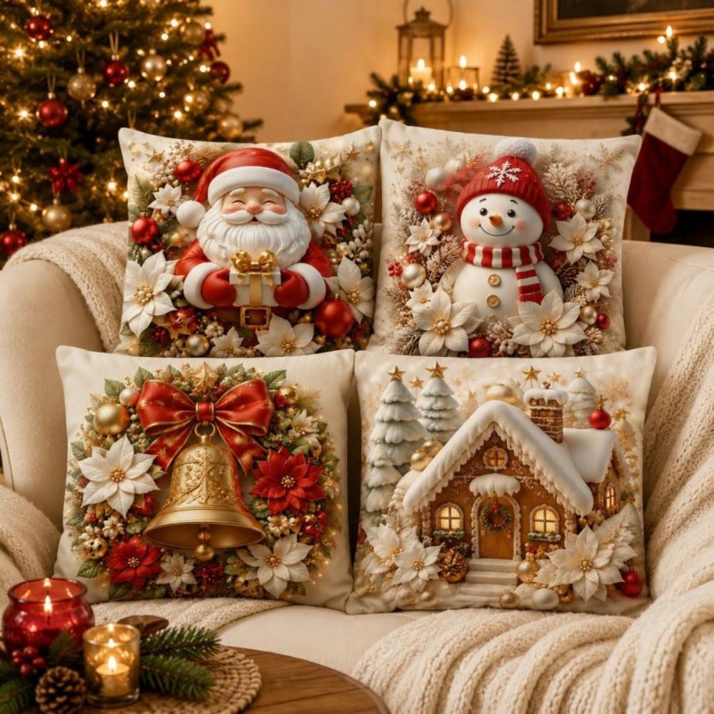 4Pcs Plush Decorative Pillowcase 45*45cm Christmas Pillow Cover Festive Home Decor