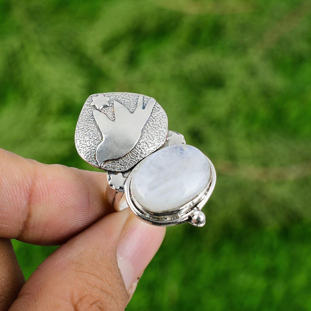 Natural Rainbow Moonstone 925 Silver Multi Stone Bird Adjustable Ring For Women