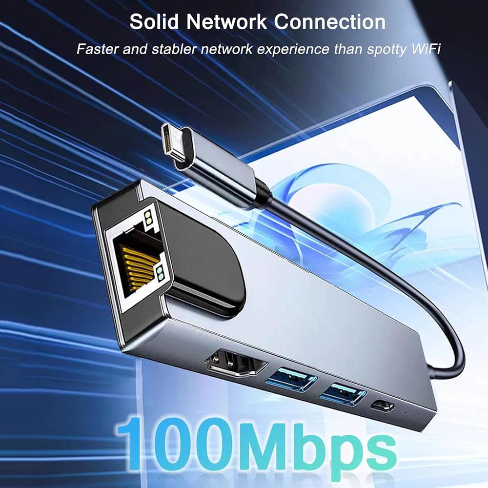KEBIDUMEI 5-в-1 USB C Док-станция TYPE-C на HDMI/RJ45 Адаптер USB C ХАБ USB 3.0 5 Гбит/с Высокоскоростной USB-разветвитель Для ПК Ноутбука