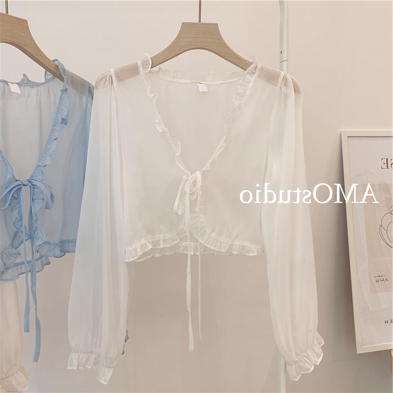 Кардиган «Фея» во французском стиле: Легкая шаль для защиты от солнца на весну и осень, длинные рукава, оборчатый дизайн