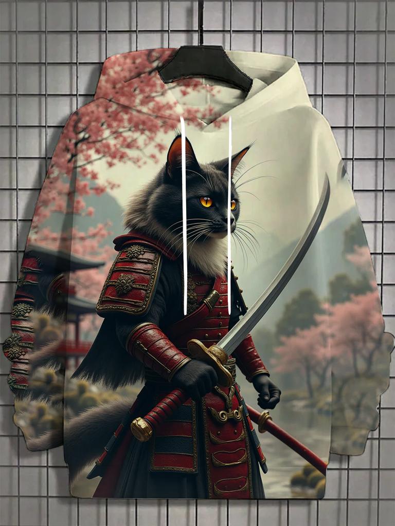 Мужские толстовки с принтом кота-самурая в японском стиле, уличный тренд, хип-хоп, одежда y2k, модный пуловер, повседневные толстовки для осени и зимы