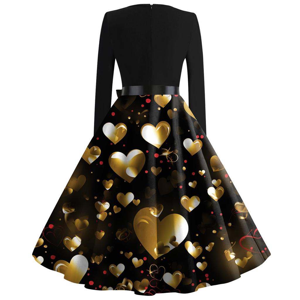 Женское винтажное классическое платье с длинным рукавом и принтом ко Дню святого Валентина, свободное платье с квадратным воротником