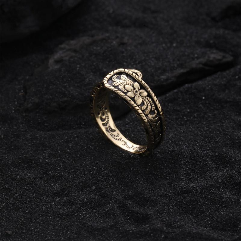 Elegant Geometric Design Ancient Gold Flower Ring For Women Adjustable Size