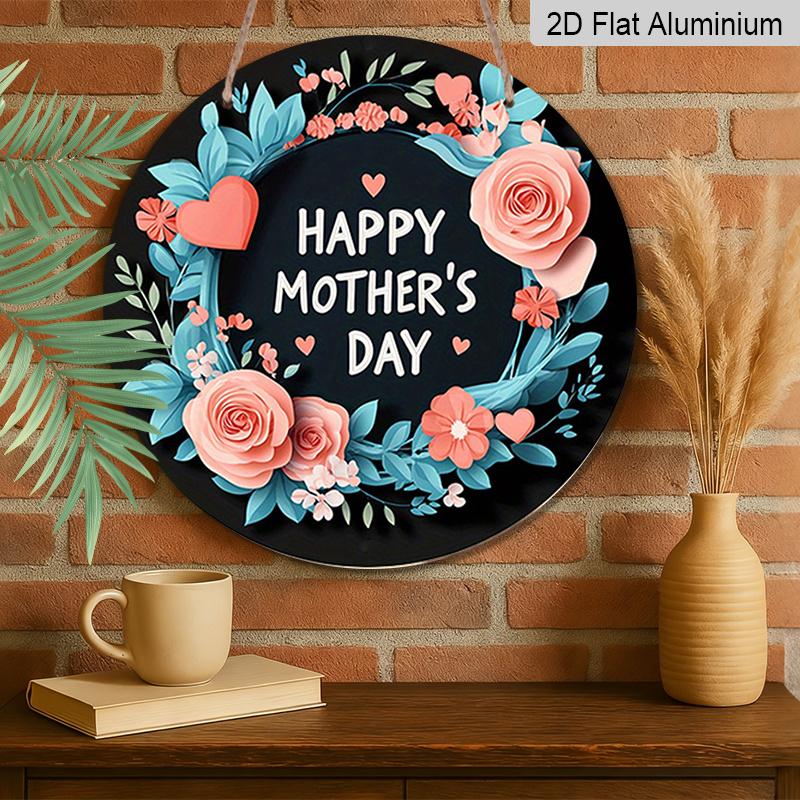 2D Flat, 1pc Vintage Mother's Day Round Aluminum Wall Sign - Pink Roses & Turquoise Floral Wreath with Happy Mother's Day Text, Heart Cutouts