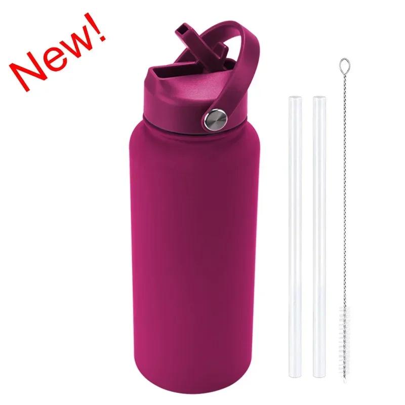 1L Sports WATER BOTTLE With Handle And Straw Stainless Steel Large Capacity Vacuum Flasks Drinkware Large Mouth GymThermos CUP