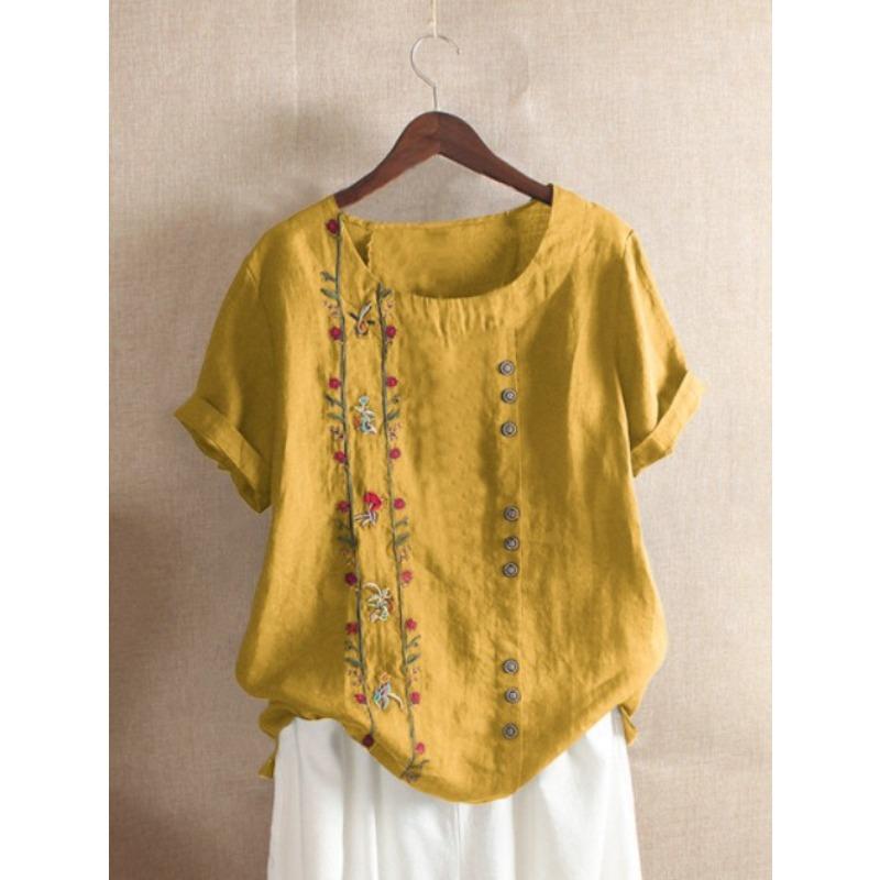 Футболка из хлопка и пеньки с вышивкой, с круглым вырезом и коротким рукавом, свободный универсальный топ, летние футболки для женщин