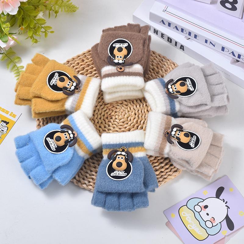 Children's Gloves New Autumn and Winter Baby Cute Warm Thickened Five-finger Flip Writing Primary School Students Half-finger Gloves