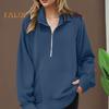 Women Fall Winter Sweatshirt Lapel Zipper Half Placket Long Sleeve Front Pocket Pullover Tops Solid Color Loose Fit Sport Sweatshirt