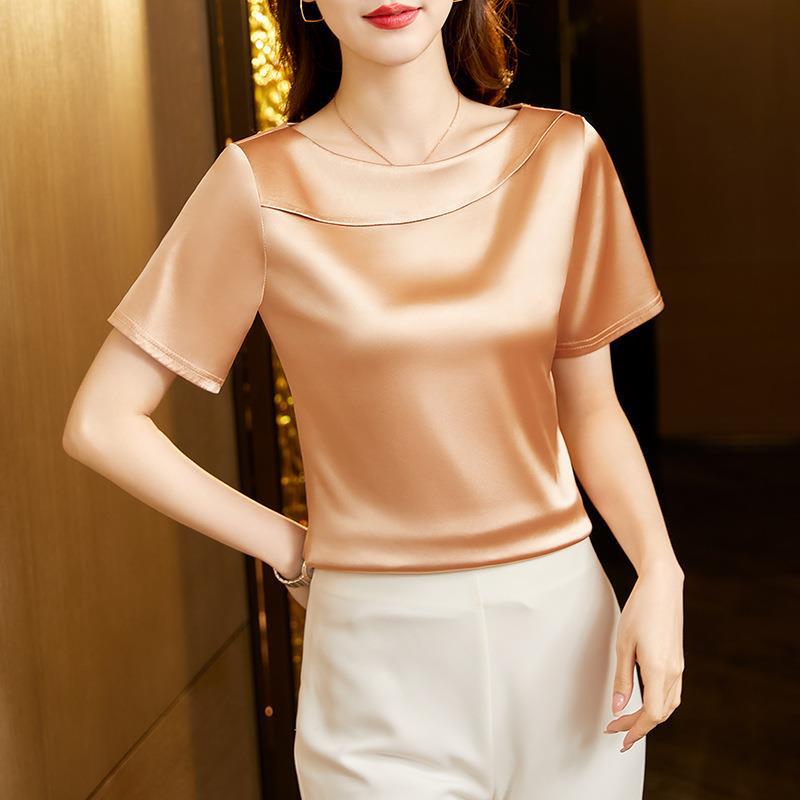 Satin Women Blouse T-shirt Skew Collar Blouses Summer Short Sleeve Womens Tops Solid Elegant Women Clothing OL Shirts for Women