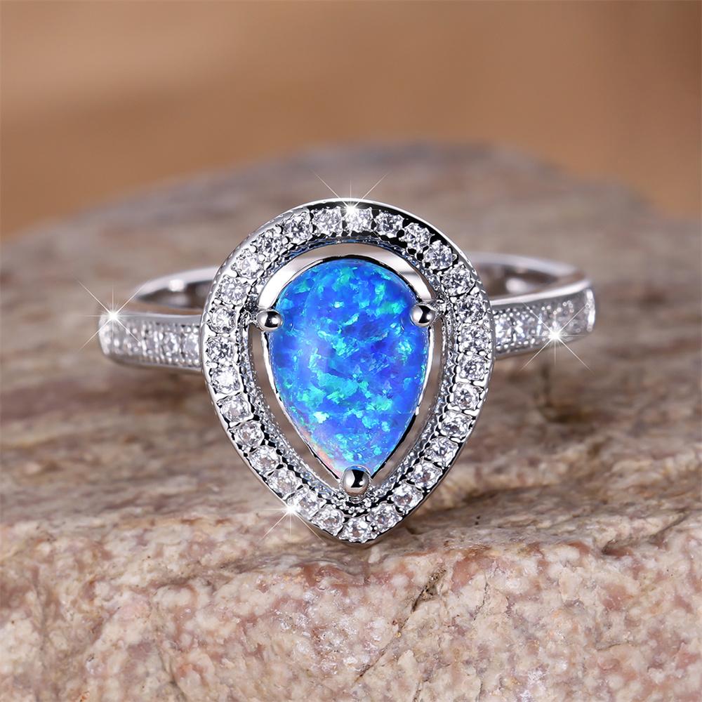 Милое кольцо с камнем в форме капли воды Синий огненный опал Свадебные кольца для женщин Серебряный цвет Помолвочное украшение Подарки на День матери