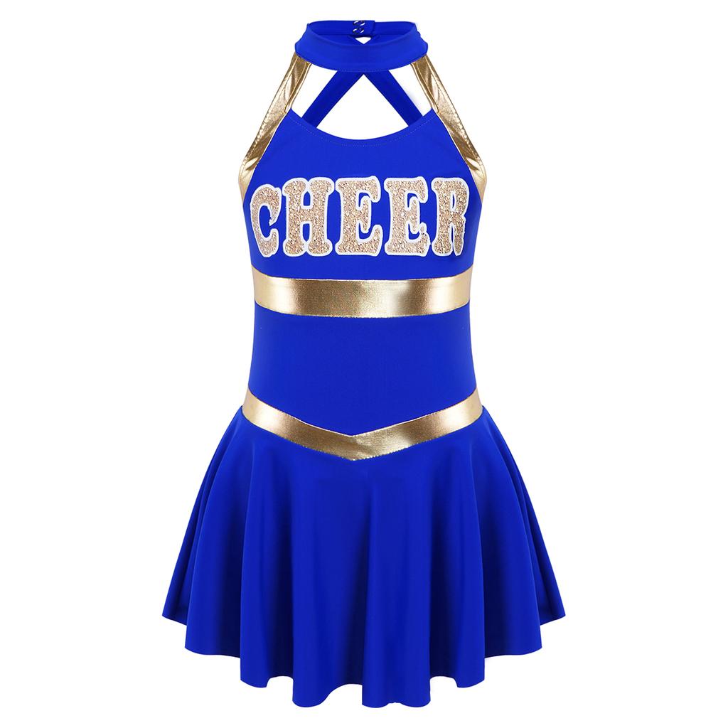 Girls Sleeveless Round Collar Letter Print Crisscross Straps Hollow Back Cheerleading Dance Dress
