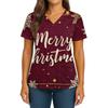Women's Christmas Print V-Neck Double Pocket Short Sleeves Hem Slit  Uniform And Caregiver Top