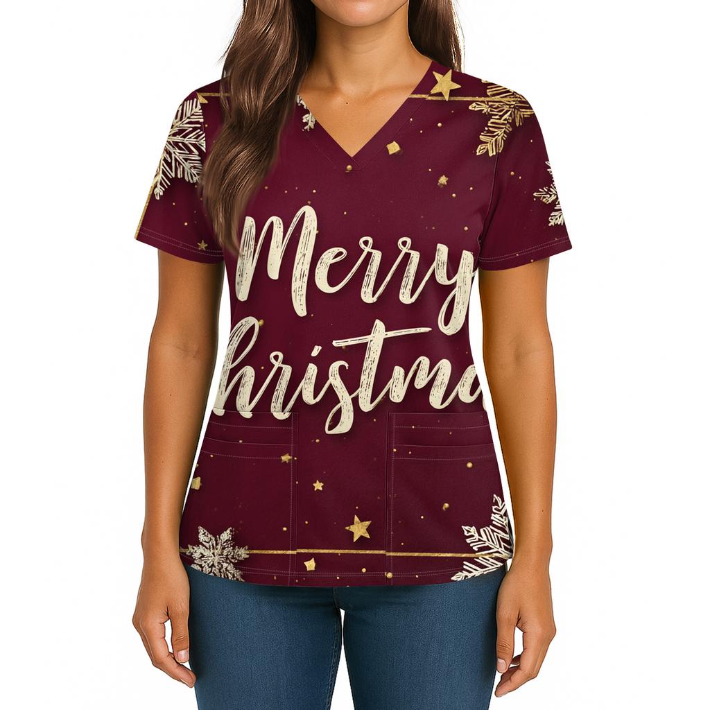 Women's Christmas Print V-Neck Double Pocket Short Sleeves Hem Slit Uniform And Caregiver Top