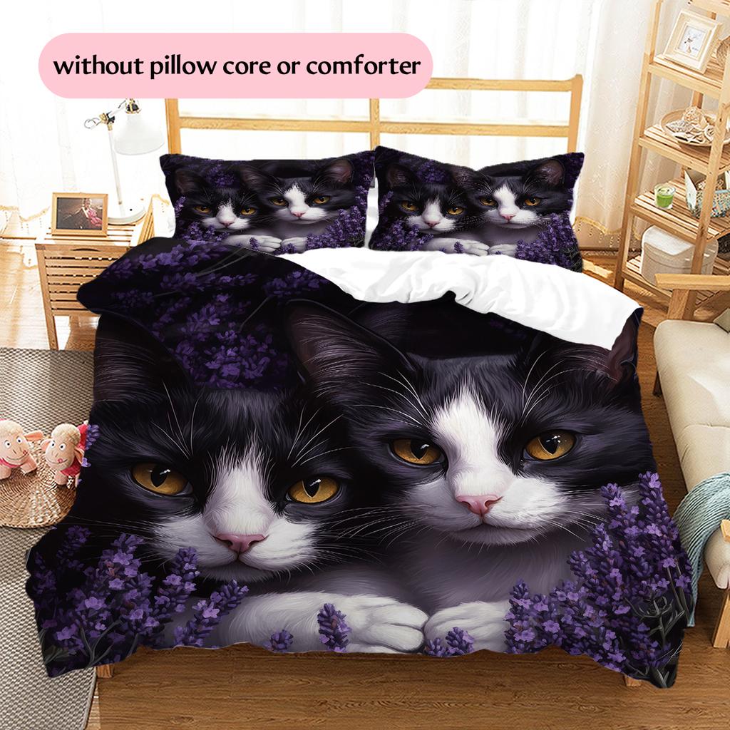 Beautiful Cow Cat Pattern Bedding Home Decoration Birthday Gift (1 * duvet cover + 2 * pillowcase, without core)