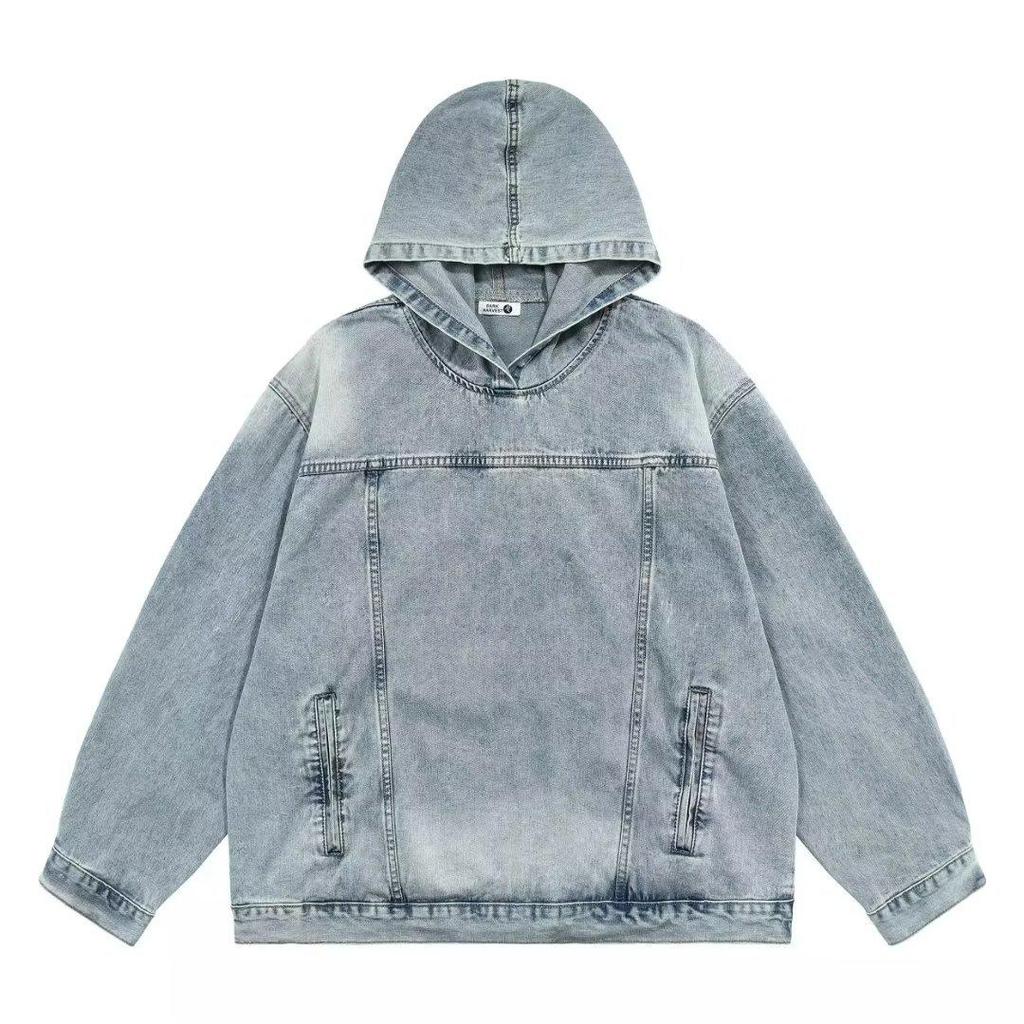 Men's Retro Hong Kong Hooded Denim Jacket - Japanese Style, Loose Fit Pullover for Spring/Autumn.