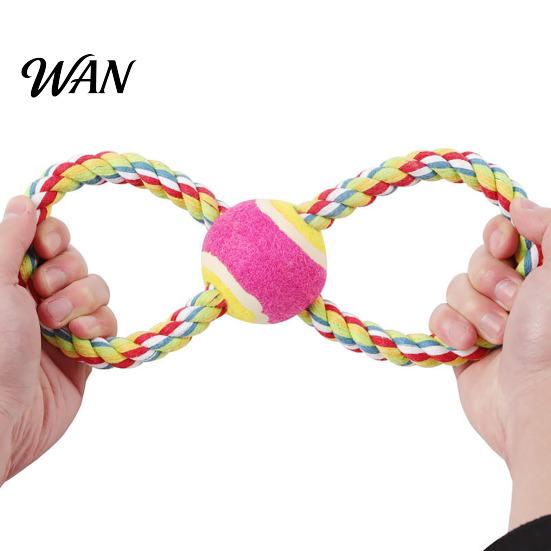 Dog Toy Pet Toys Figure-8 Shape Interactive Chewing Rope with Built-in Tennis Ball Durable Natural Chew Cotton Tug of War for Teeth Cleaning