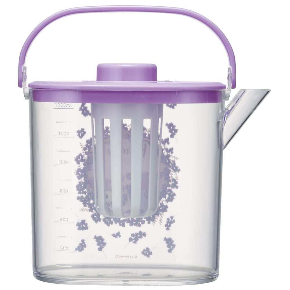 Skater Cold Tea Pot with Can Hold Hot Kuromi Flower Sanrio Design CM10-A Strainer, 1.2L Capacity, Heat-Resistant, Water, Wreath,