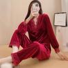 Женский сексуальный пижамный комплект из 2 предметов: рубашка и брюки, бархатный кружевной брючный костюм с V-образным вырезом, свободная домашняя одежда, одежда для отдыха, пижама с длинными рукавами