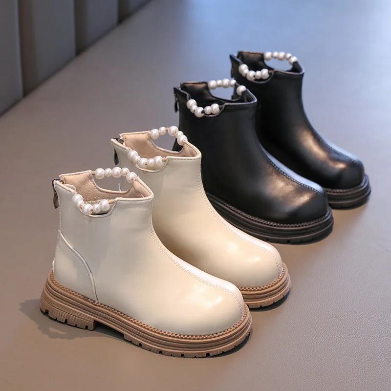 Детские ботильоны на платформе, мягкие зимние ботинки принцессы из кожи для девочек, модные детские универсальные повседневные бежевые хлопковые ботинки