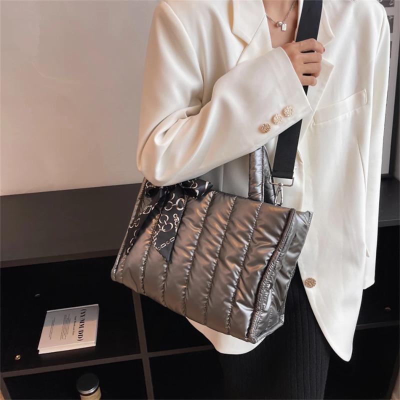 Elegant Women's Totes Bags with Silk Scarf Accent Winter Quilted Crossbody Bags for Women Casual Solid Color Padded Shoulder Bag