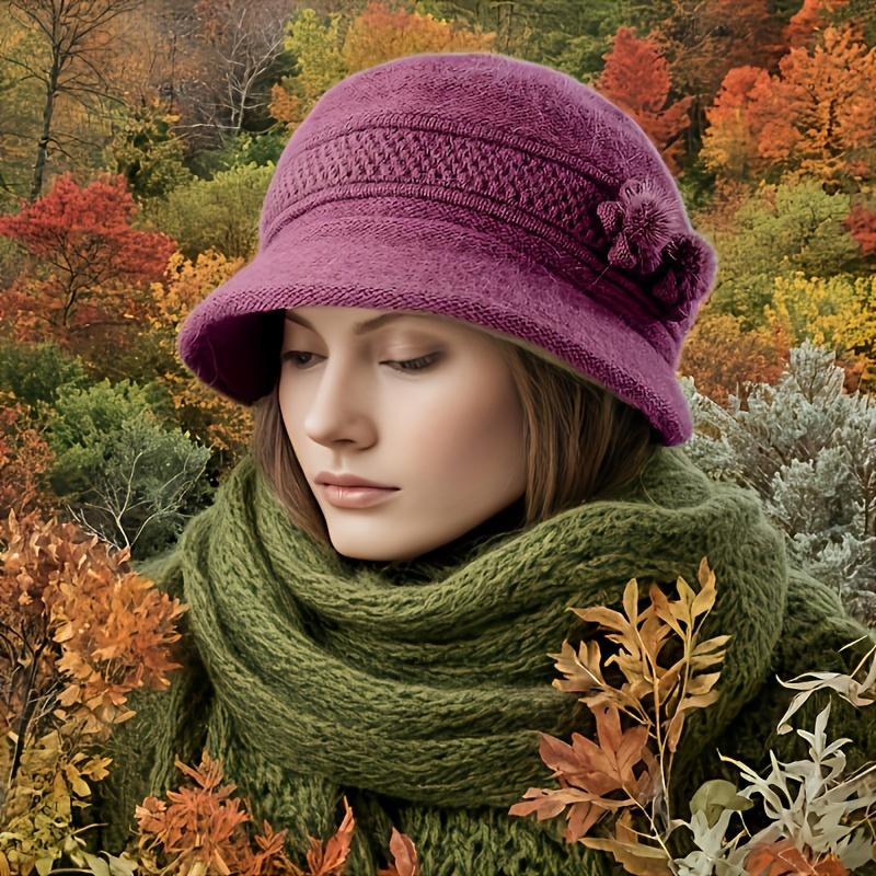 Elegant Winter Beanie For Women - Cozy Knit With Floral Accent, Perfect For Middle-Aged & Elderly, Stretch Fit, Hand Washable
