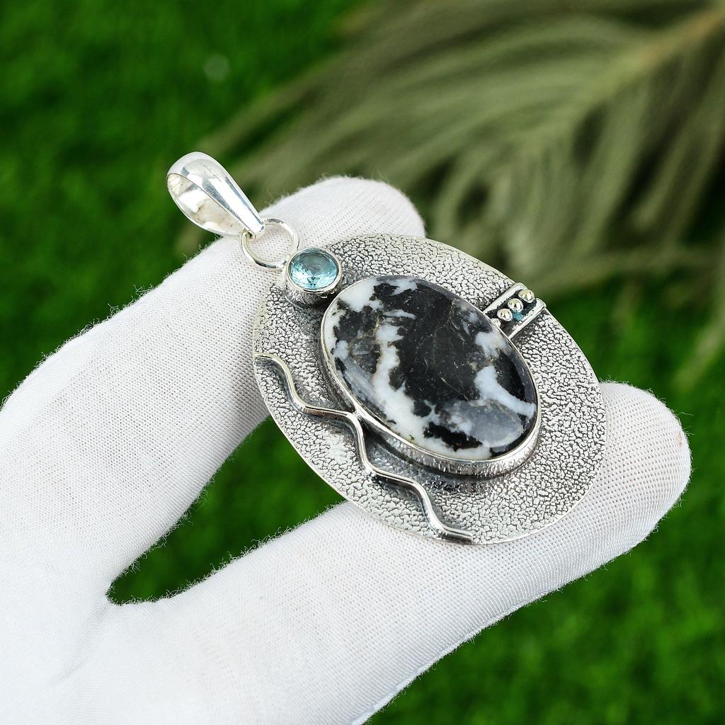 Oval Natural Zebra Jasper Topaz Sister Handcrafted Pendant Jewelry 925 Silver