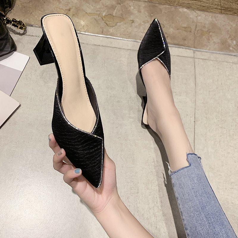 Модные сетчатые красные полутапочки Baotou, женская одежда, летняя новинка 2024 года, фея фэн, стразы, острый толстый каблук, женская обувь на высоком каблуке