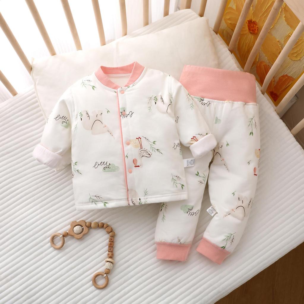 Детский стеганый теплый комплект: Хлопковая пижама с высокой талией и защитой живота для осени/зимы