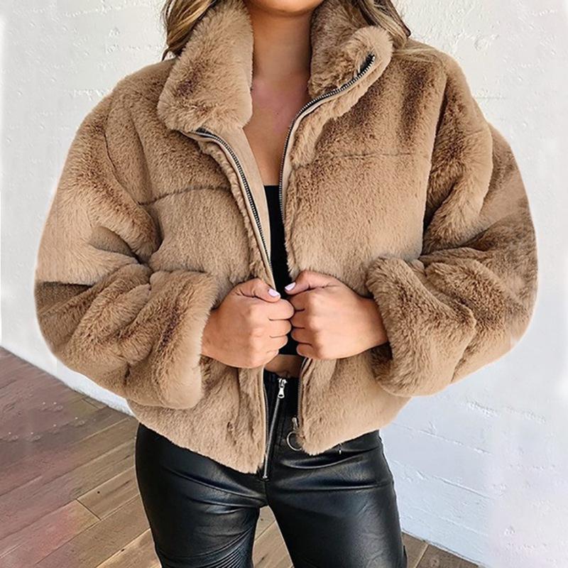 Women's Autumn Winter Faux Fur Short Coats Zipper Cardigan Plush Warm Coat Female Oversized Outerwear Overcoat Thick Jacket
