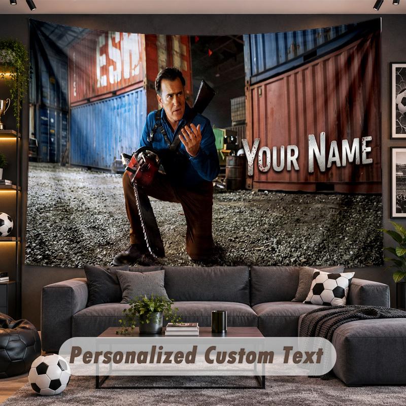 Evil Dead Ash Williams Personalized Tapestry Support Custom Name, Wall Art Home Decoration