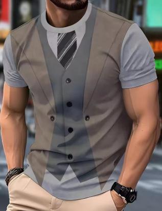 Men's casual suit and tie printed short-sleeved crew neck new men's role-playing party T-shirt