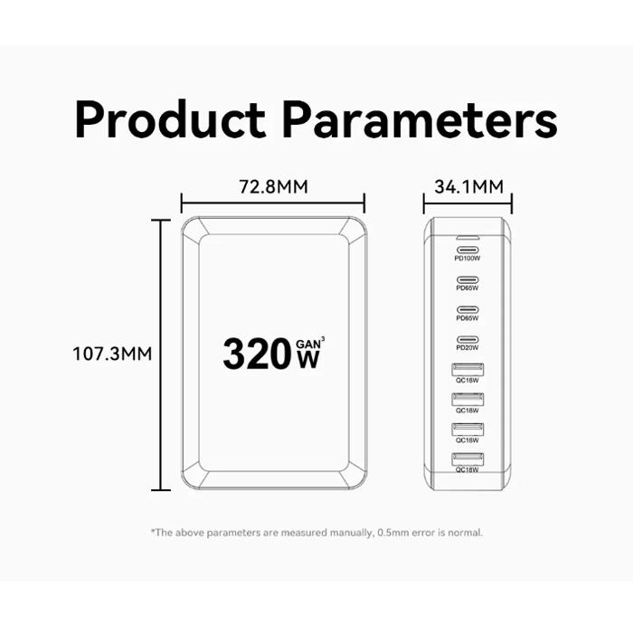 Essager 320 Вт GaN Fast Desktop 8-портовое USB Type C PD зарядное устройство Быстрая зарядка для iPhone 16 15 14 13 Huawei Samsung Xiaomi Laptop iPad