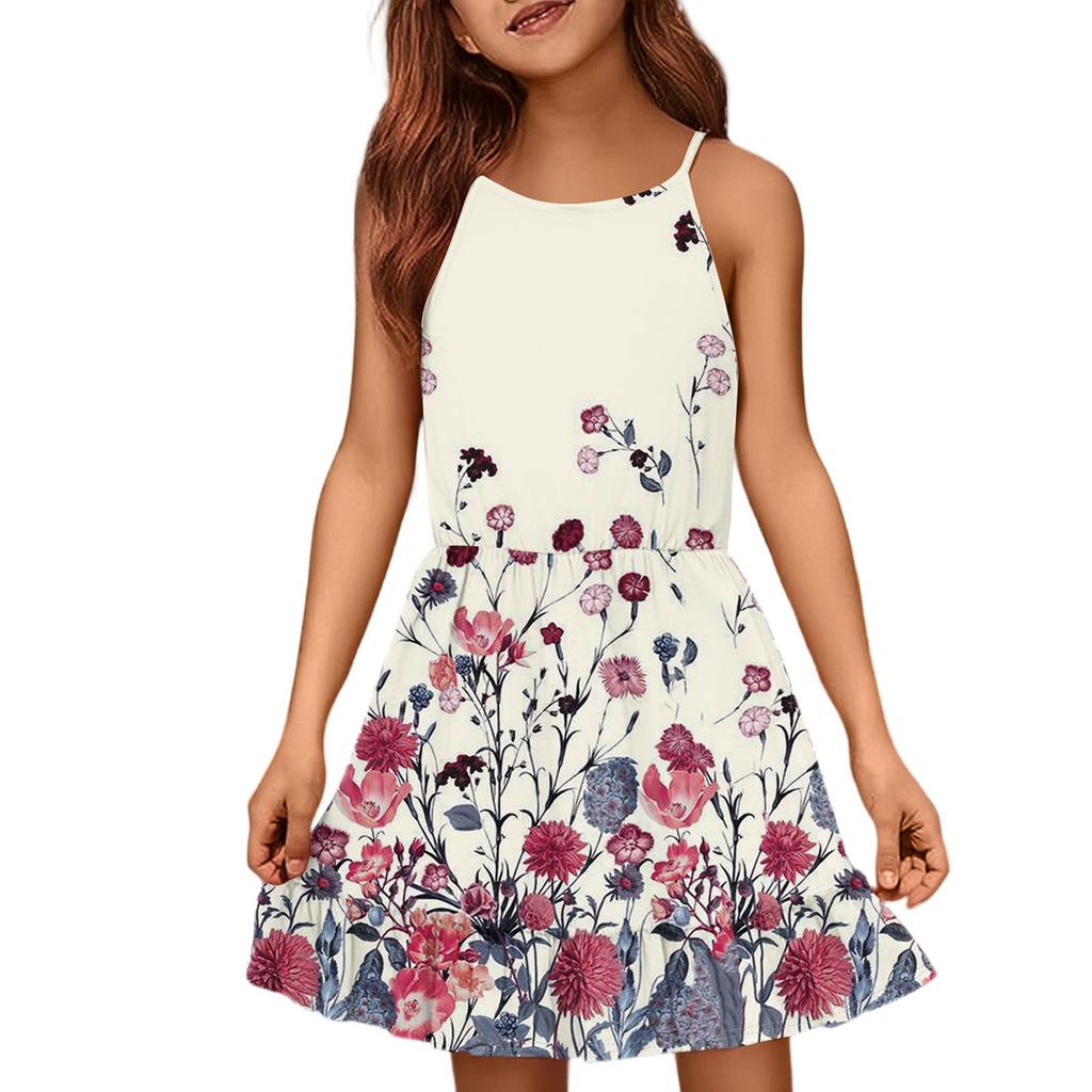 Детское летнее повседневное модное платье с круглым вырезом, однотонное, без рукавов