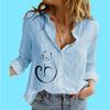 Women Fashion Long Sleeve Blouse Ladies Stand Neck Printed Top Casual Cotton Linen Buttoned Shirt