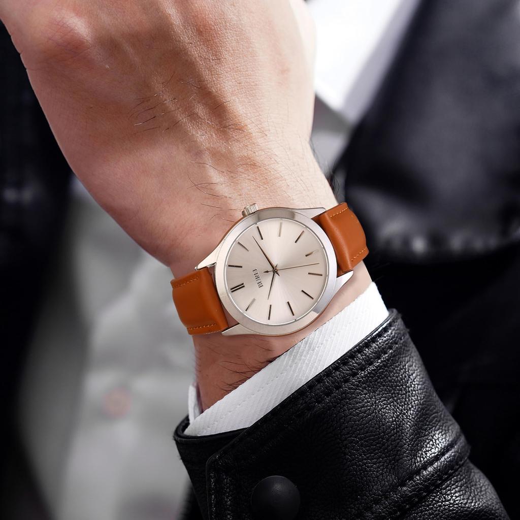 BUREI Мужские аналоговые кварцевые часы, Водонепроницаемые, Коричневый кожаный ремешок, Популярные, Тонкие, Простые, Стильные, Деловые, Повседневные, Мужские часы (Серебристый, Кожаный)