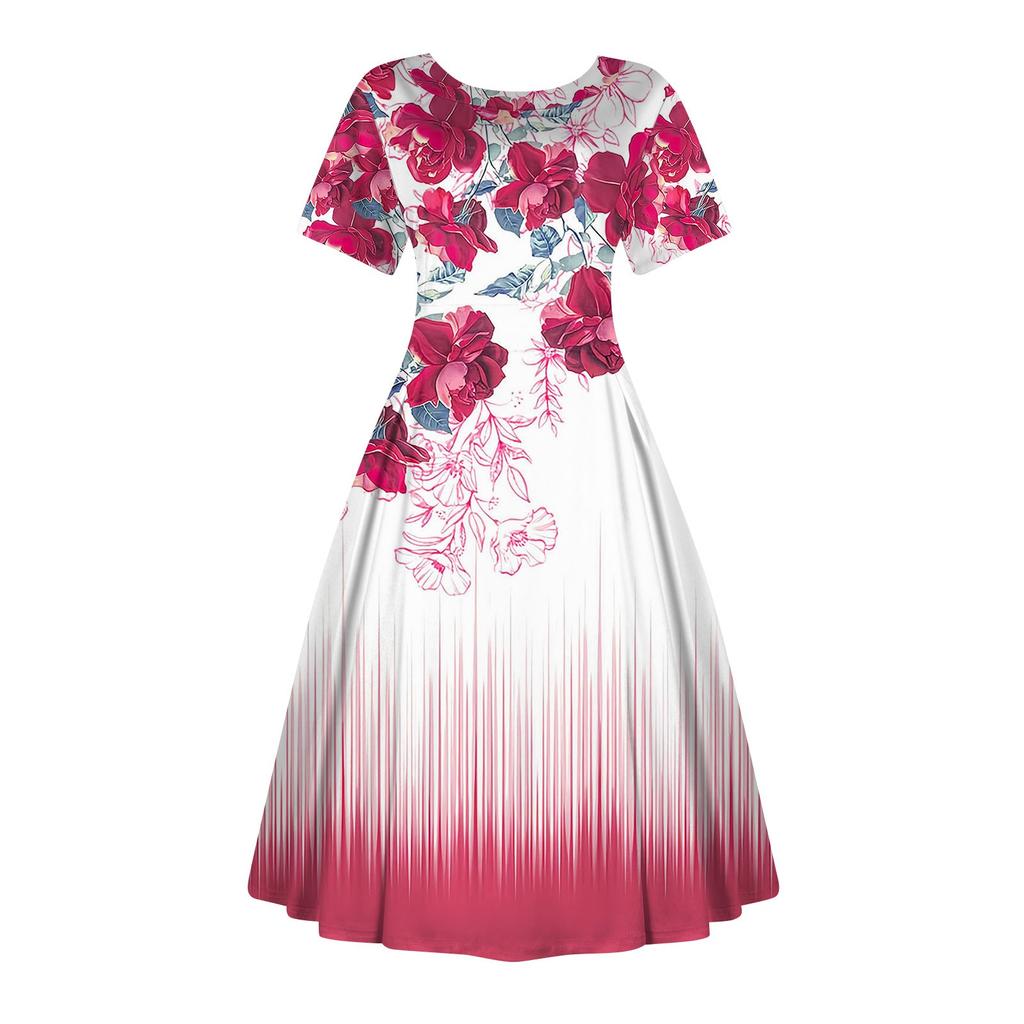 Женское повседневное модное платье с винтажным принтом, круглые платья миди с коротким рукавом и длинными большими распашными платьями