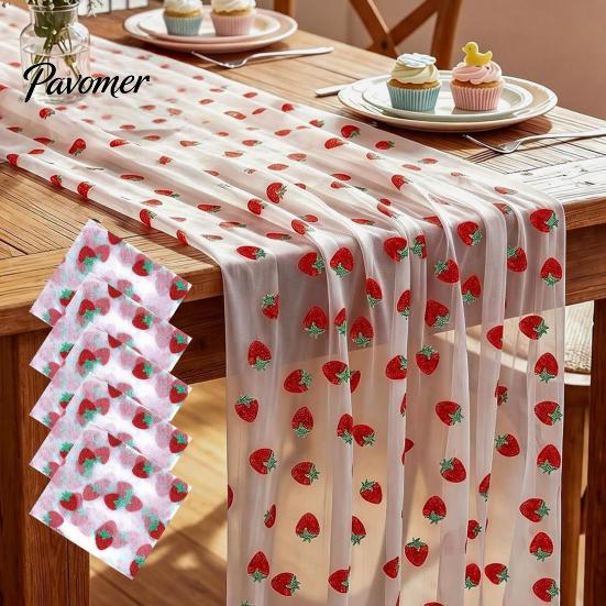 Berry Themed Party Supplies Sheer Tulle Table Runner, Strawberry Cherry Lemon Pattern, Summer Decorative Runner Overlay, Seasonal Fruit for