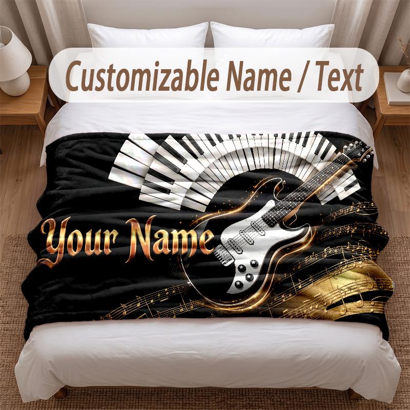 Music Guitar Theme Soft Blanket Personalized Custom Name Text Print Warm Blanket Home Sofa Bedroom Decor