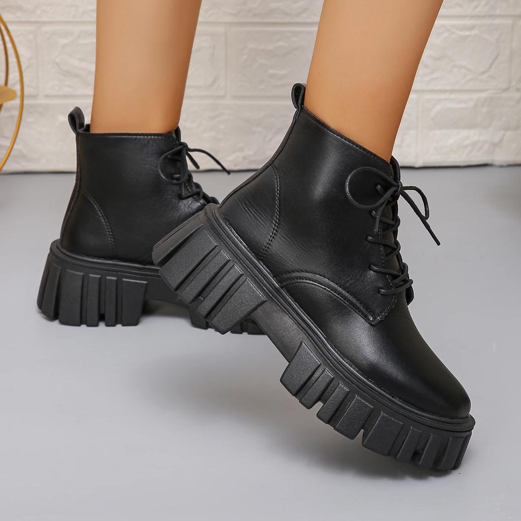 Осенние женские туфли на платформе, новые ботильоны с круглым носком, шнуровкой, на толстом каблуке, для женщин, прогулочная обувь, повседневные женские ботинки для активного отдыха