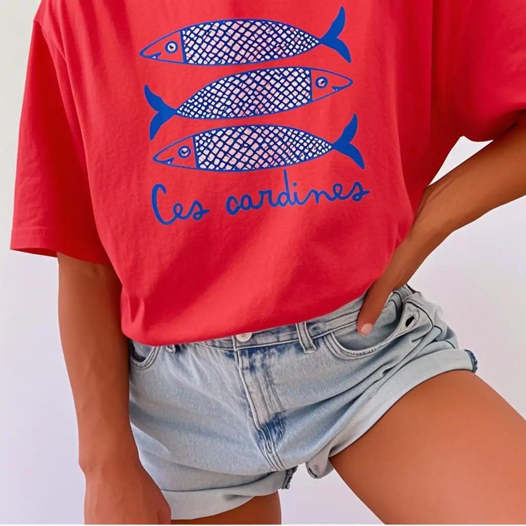 INAWLY Sardine Print Women T Shirt Canned Fish Casual Shirt Tomato Girl Coastal Summer Girl Fashionable Casual T-shirt