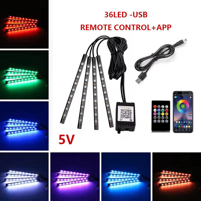 Неоновая 36LED Автомобильная Подсветка Салона Атмосферная Подсветка для Ног 4 в 1 с USB Беспроводным Пультом Управления Управлением через Музыкальное Приложение Автомобильная RGB Атмосферная Лампа