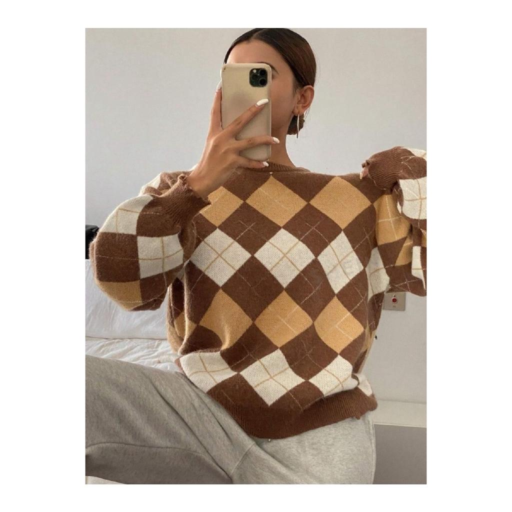 Women's Square Patterned Tile Crew Neck Knitwear Sweater