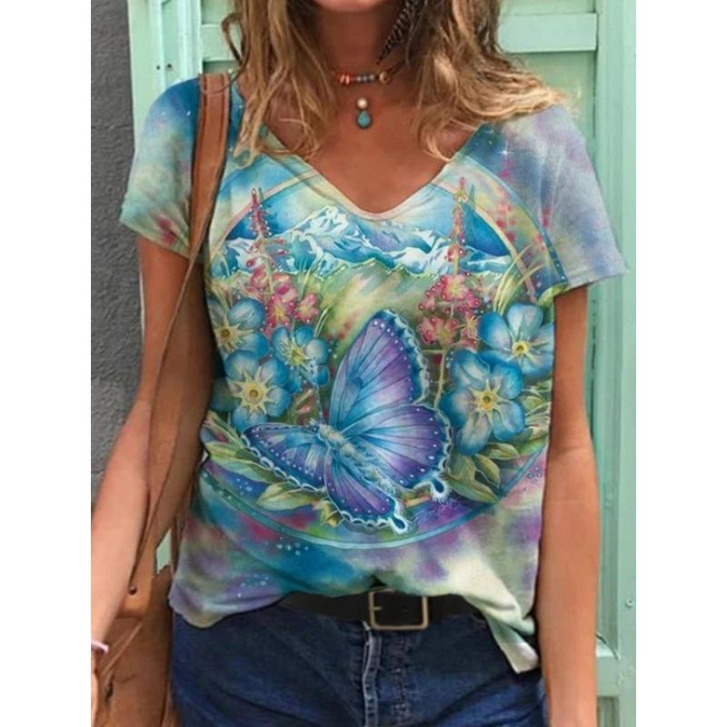 Summer Butterfly Dragonfly 3dV Neck Printed New Women's Top T-shirt
