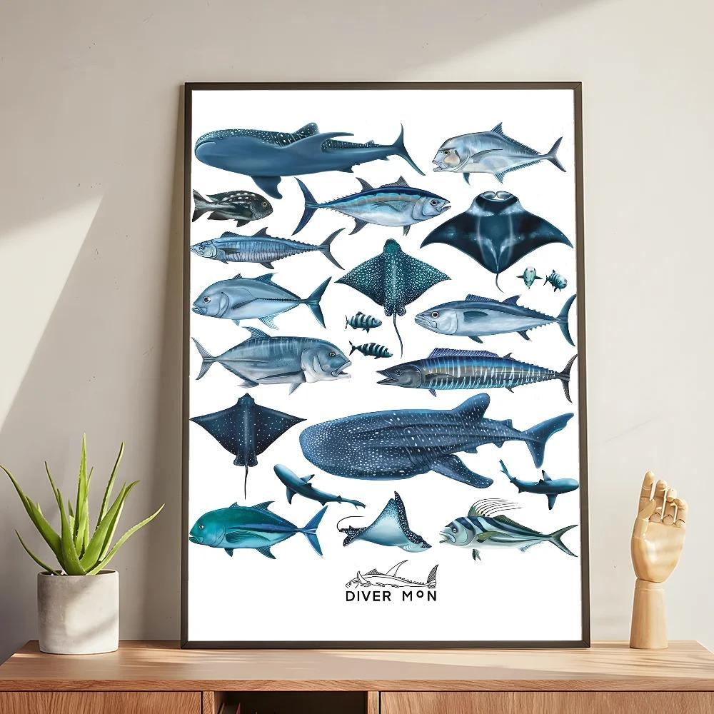 Whale and Shark Seashells Turtles Octopus Fish Marine Life Ocean Animals Poster and Print Canvas Painting Wall Art Home Living Room