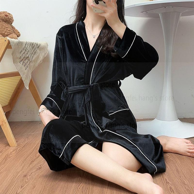 Халат бархатная ночная рубашка женская домашняя одежда с карманами осенне-зимний жилет с длинным рукавом кимоно халат платье