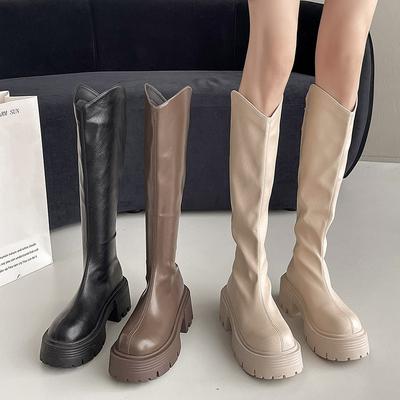 Модные универсальные ботильоны на толстой подошве, женские облегающие ботинки на высоком каблуке, на платформе, с круглым носком и толстым каблуком, женские ботинки-рыцари