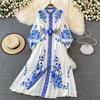 Spring and Autumn Women's Palace Extension Celadon Printing Collar Single-breasted Dress Elegant Temperament Dress