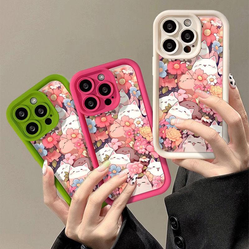 Чехол для телефона iPhone 15 14 13 12 11 Pro Max X XR XS Max 7 8 Plus SE3 с рисунком милого кота, розовыми цветами, чехлы для девочек, силиконовый противоударный бампер, задняя крышка