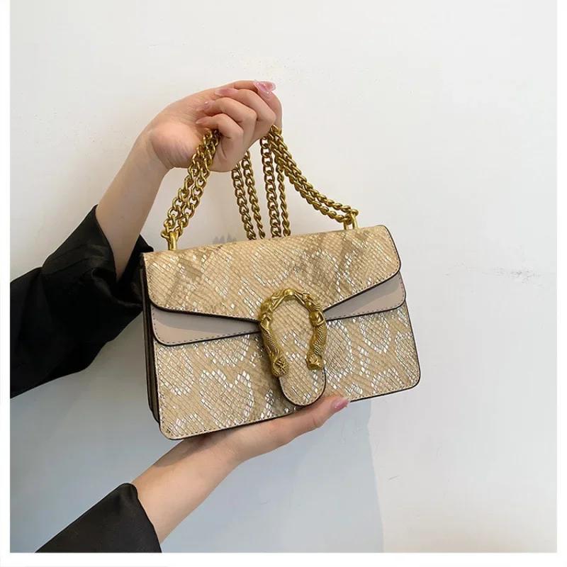 Новая женская сумка через плечо со змеиным принтом в стиле ретро для девочек, модная сумка через плечо с цепочкой
